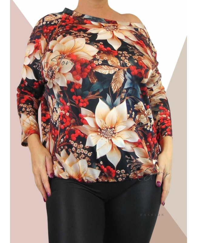  Ejtett vállú, mintás, gumis aljú felső