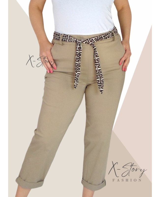 EXTRA méretű gumisderekú nadrág, selyem övvel (bézs)