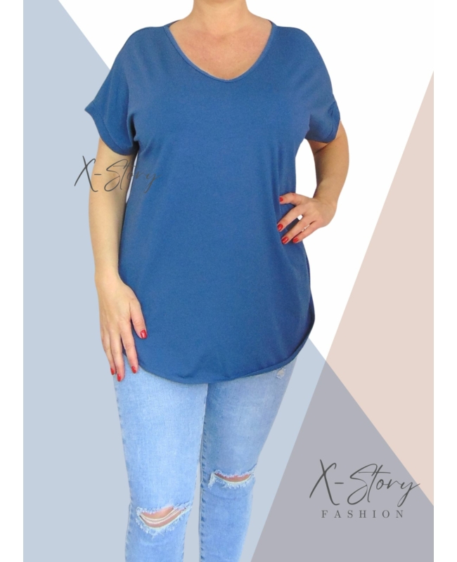 Hátul hosszított, kerekített aljú pamut póló (farmerkék)