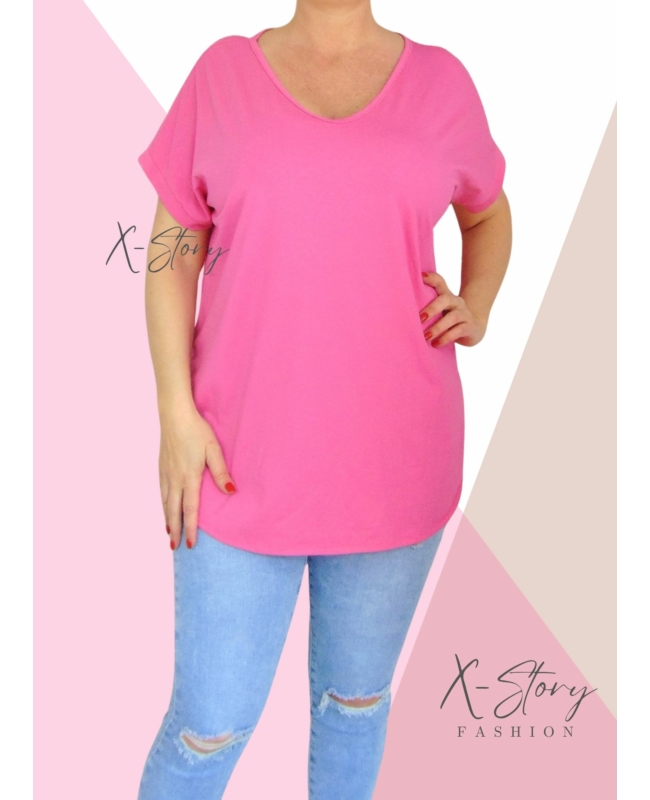 Hátul hosszított, kerekített aljú pamut póló (babarózsaszín)