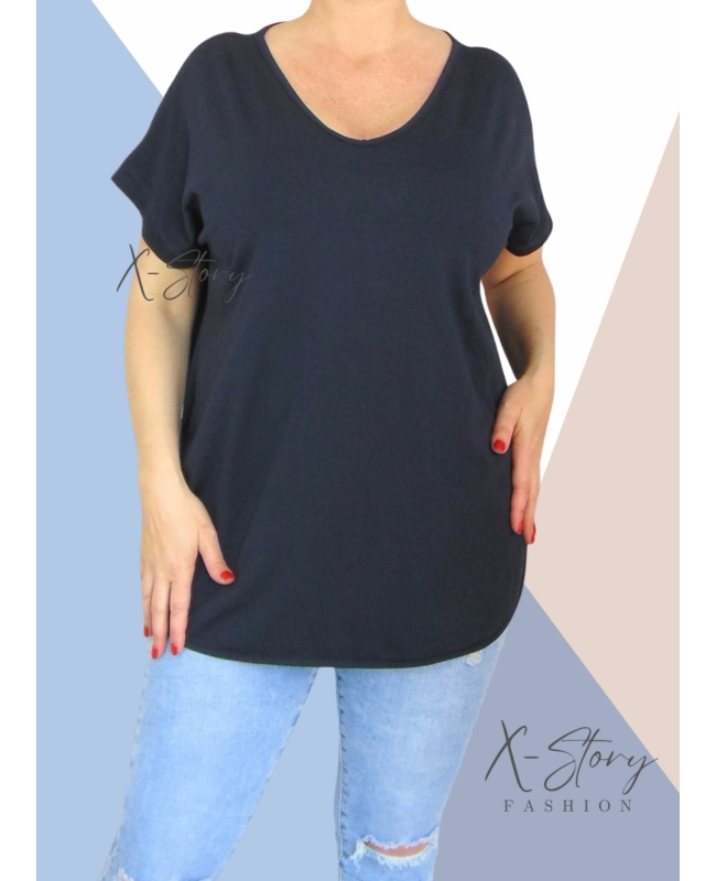 Hátul hosszított, kerekített aljú pamut póló (sötétkék)