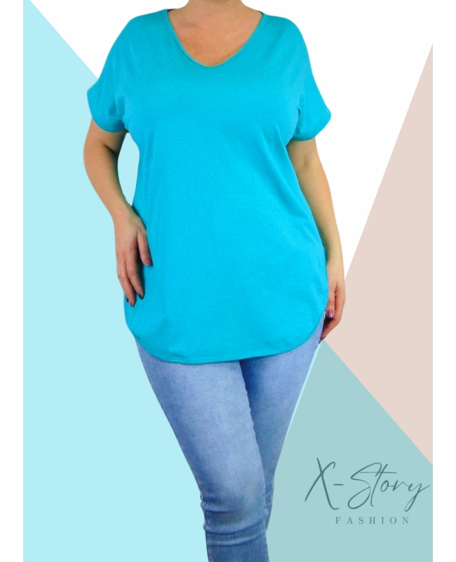 Hátul hosszított, kerekített aljú pamut póló (türkiz)