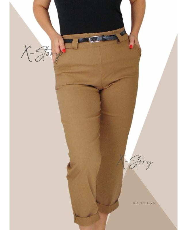 Gumisderekú sztreccsnadrág, övvel (világosbarna)