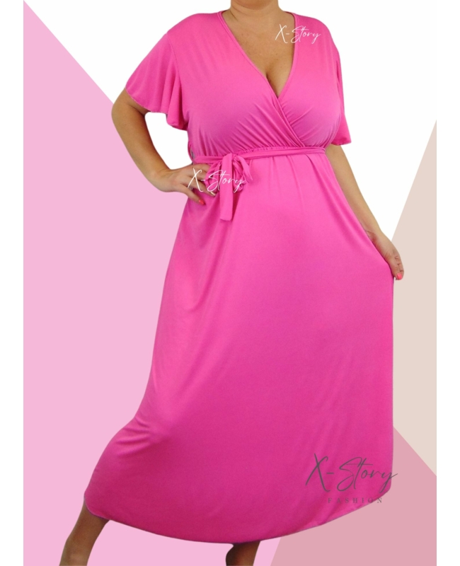 Mellnél átlapolt, derék kötős hosszú ruha (pink)