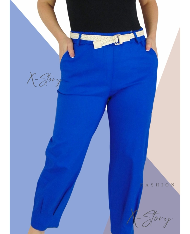 Nagyméretű, húzott aljú sztreccsvászon nadrág , fonott övvel (királykék)