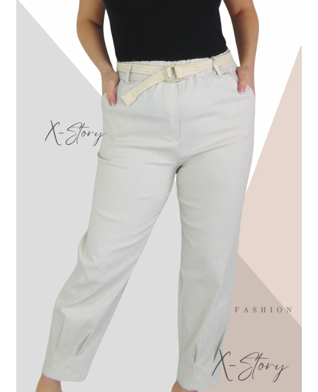 Nagyméretű, húzott aljú sztreccsvászon nadrág , fonott övvel (krém)