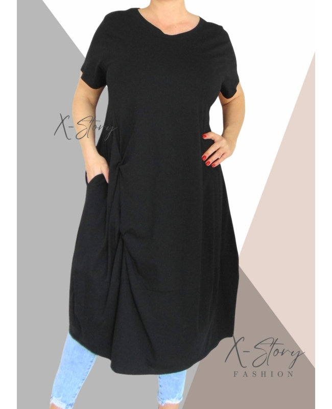 Extra bő fazonú, elöl csavart pamut ruha(fekete)