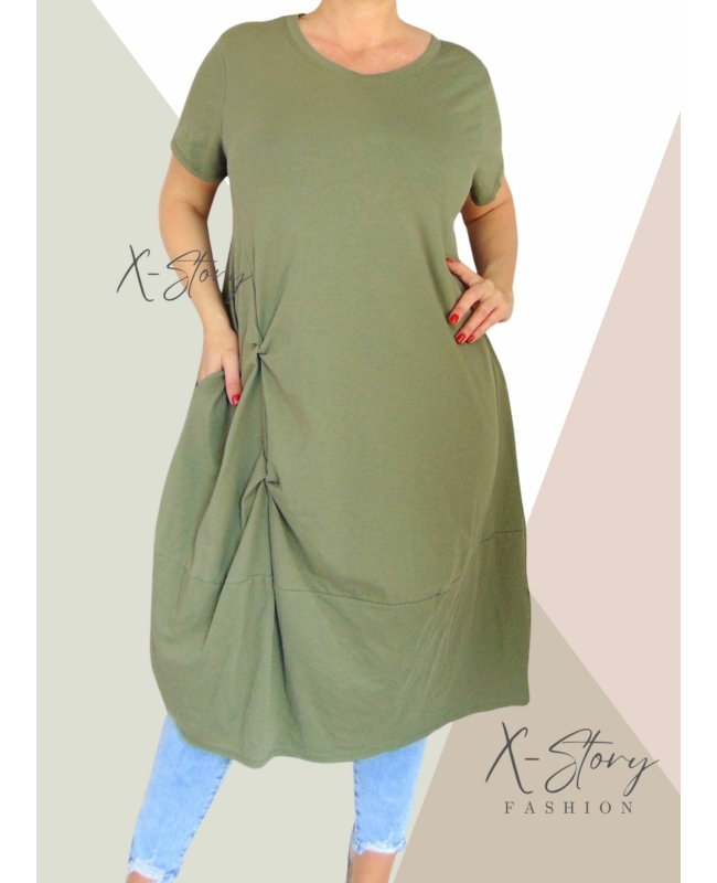Extra bő fazonú, elöl csavart pamut ruha(khaki)