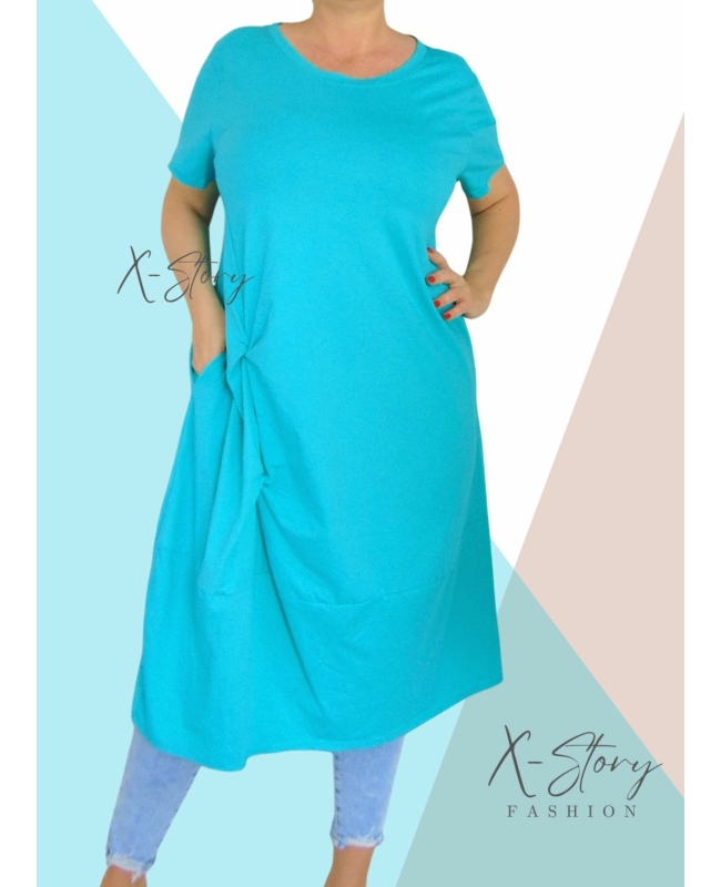 Extra bő fazonú, elöl csavart pamut ruha(türkiz)