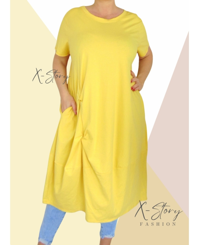 Extra bő fazonú, elöl csavart pamut ruha(sárga)
