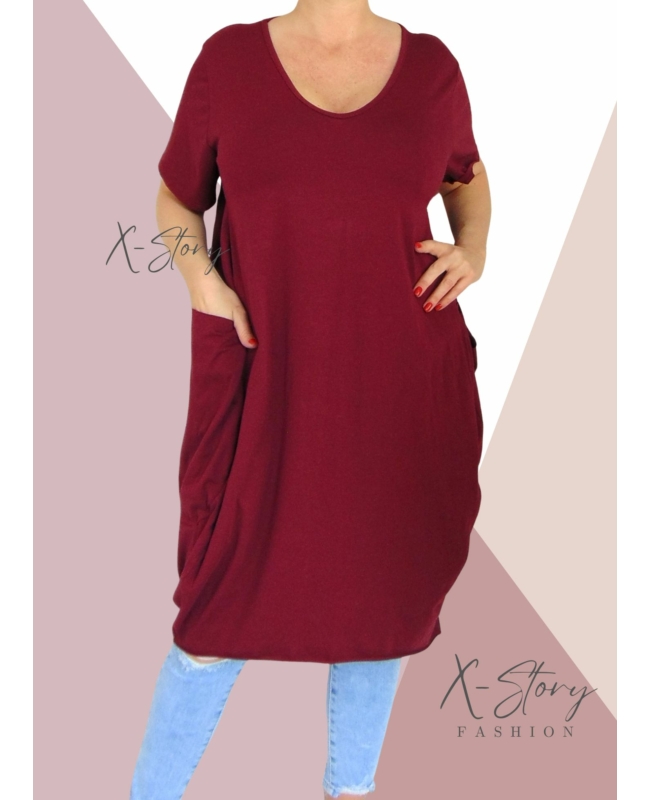 Extra nagyzsebes,hagymafazonú "V" dekoltált pamut ruha (bordó)