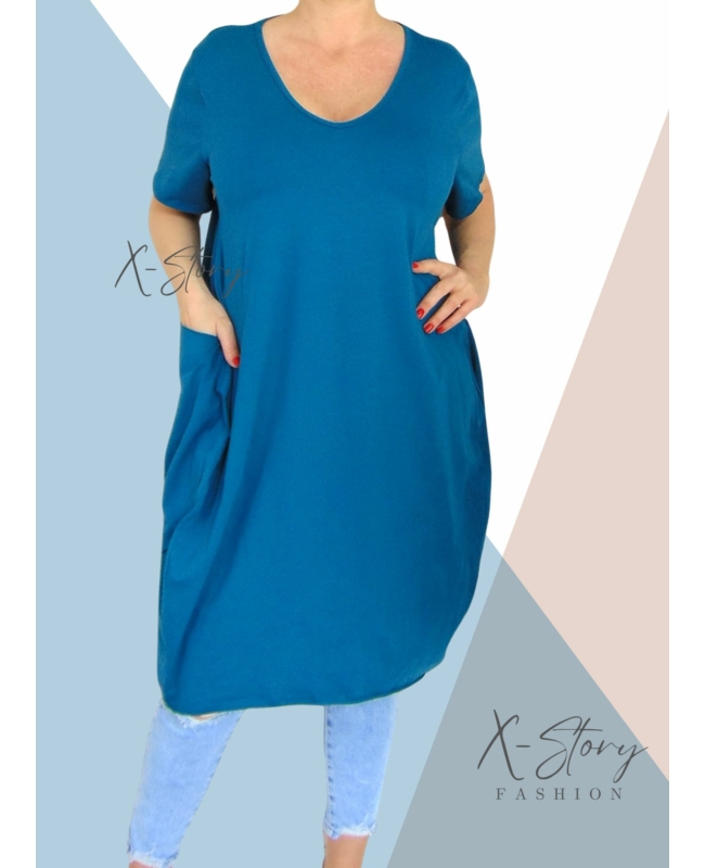 Extra nagyzsebes,hagymafazonú "V" dekoltált pamut ruha (petrol)
