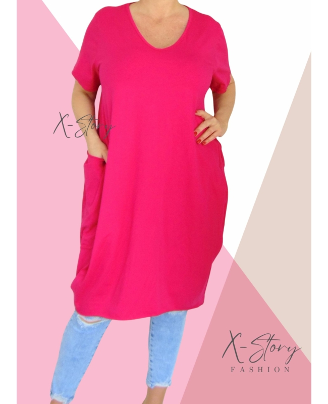 Extra nagyzsebes,hagymafazonú "V" dekoltált pamut ruha (pink)