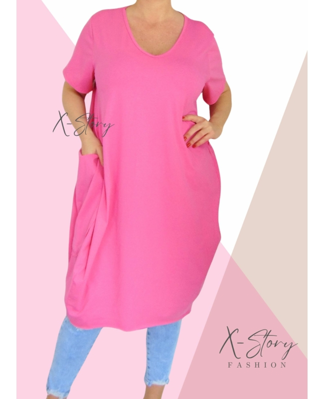 Extra nagyzsebes,hagymafazonú "V" dekoltált pamut ruha (babarózsaszín)