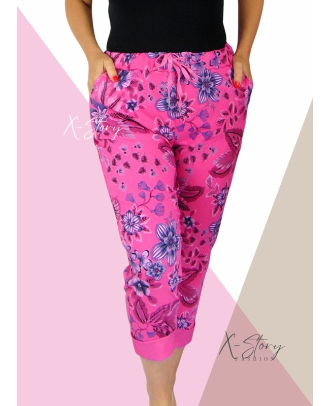 Extra méretű, gumisderekú, virágmintás nadrág (pink)