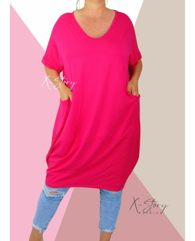 "V" dekoltált, elöl zsebes extra bő fazonú, pamut tunika/ruha (pink)