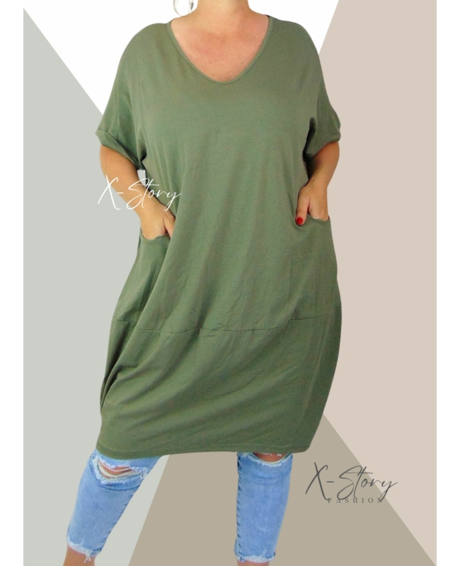 "V" dekoltált, elöl zsebes extra bő fazonú, pamut tunika/ruha (khaki)