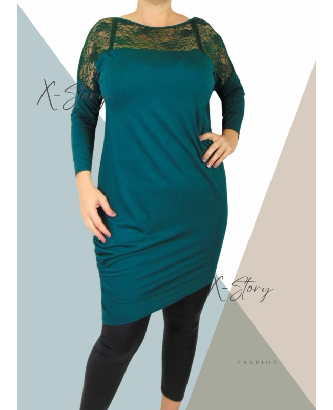 Csipkebetétes, asszimetrikus szabású tunika (méregzöld)