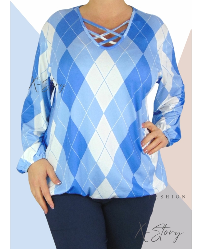 Mellnél pántos, gumisaljú mintás felső