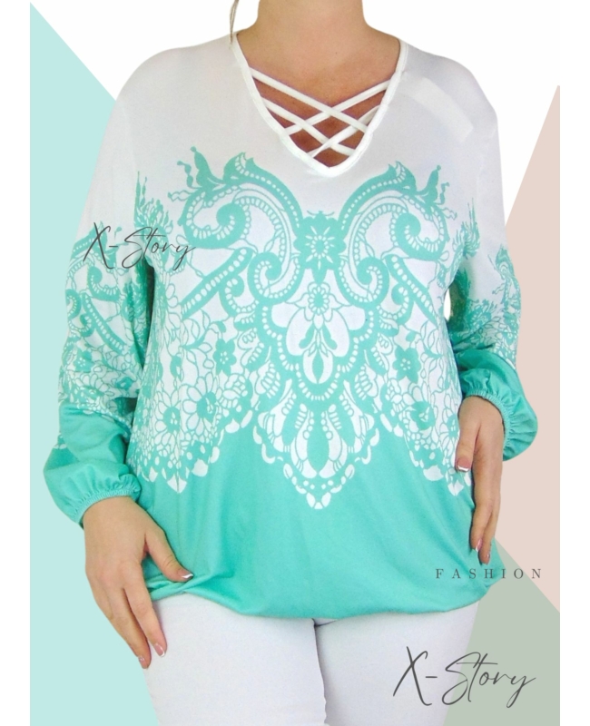 Mellnél pántos, gumisaljú mintás felső