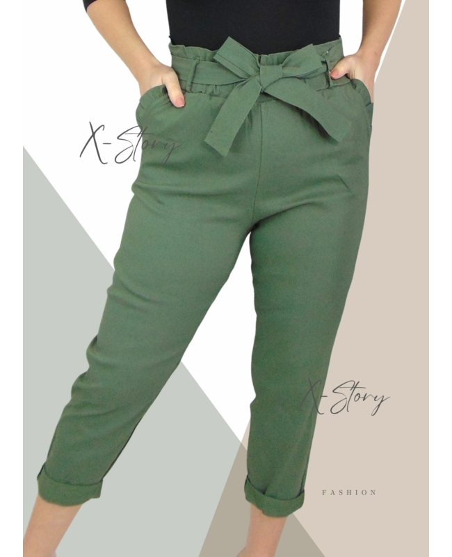 Nagyméretű, masnis derekú sztreccsvászon nadrág (khaki)