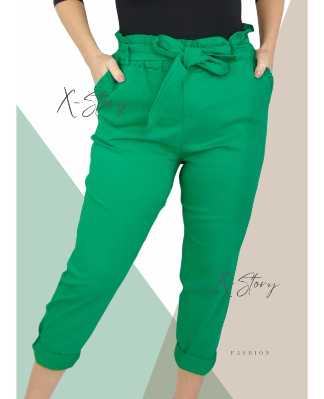 Nagyméretű, masnis derekú sztreccsvászon nadrág (fűzöld)