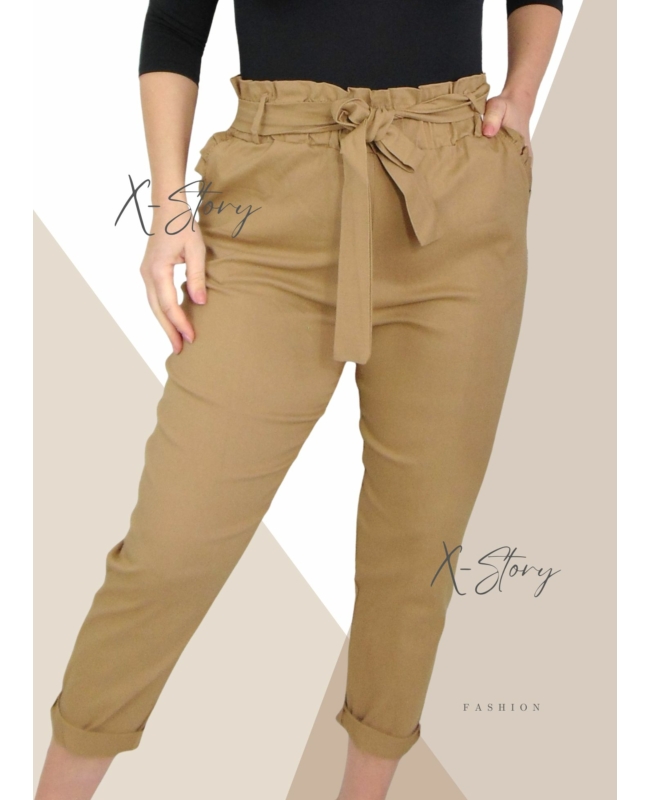 Nagyméretű, masnis derekú sztreccsvászon nadrág (világosbarna)