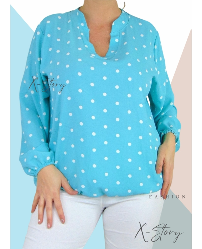 "V" dekoltált , gumis aljú pöttyös blúz (menta)