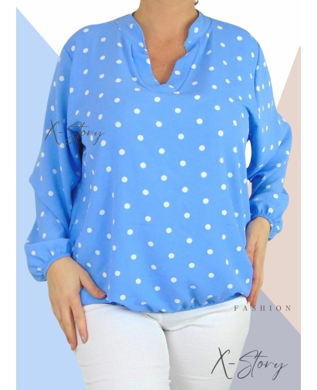 "V" dekoltált , gumis aljú pöttyös blúz (világoskék)