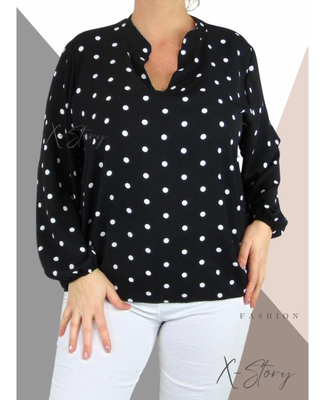 "V" dekoltált , gumis aljú pöttyös blúz (fekete)