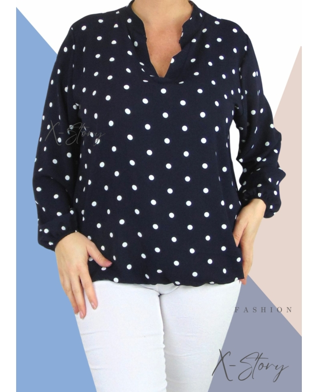 "V" dekoltált , gumis aljú pöttyös blúz (sötétkék)