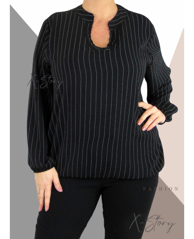 "V" dekoltált , gumis aljú csíkos blúz (fekete)