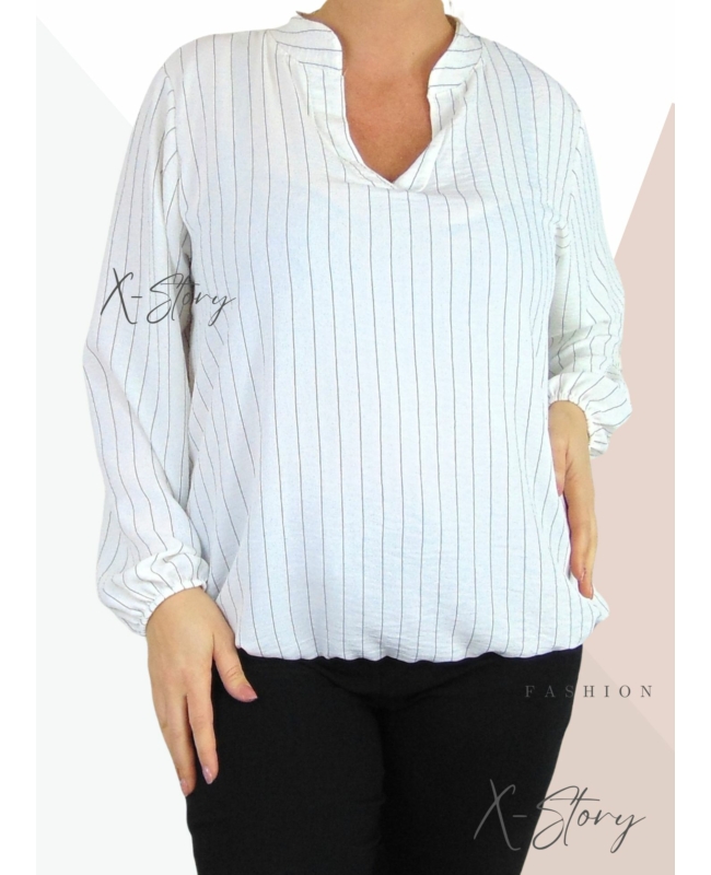 "V" dekoltált , gumis aljú csíkos blúz (fehér)