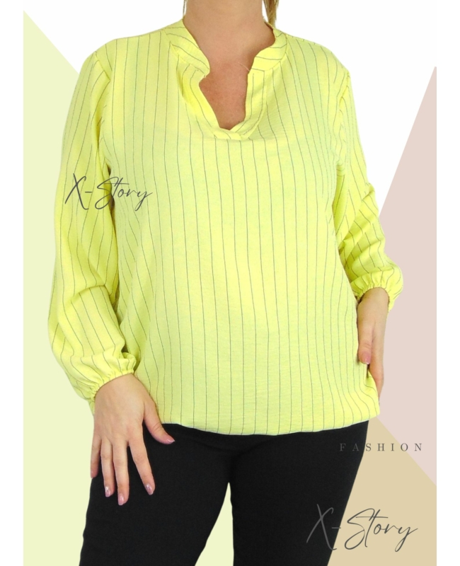 "V" dekoltált , gumis aljú csíkos blúz (sárga)