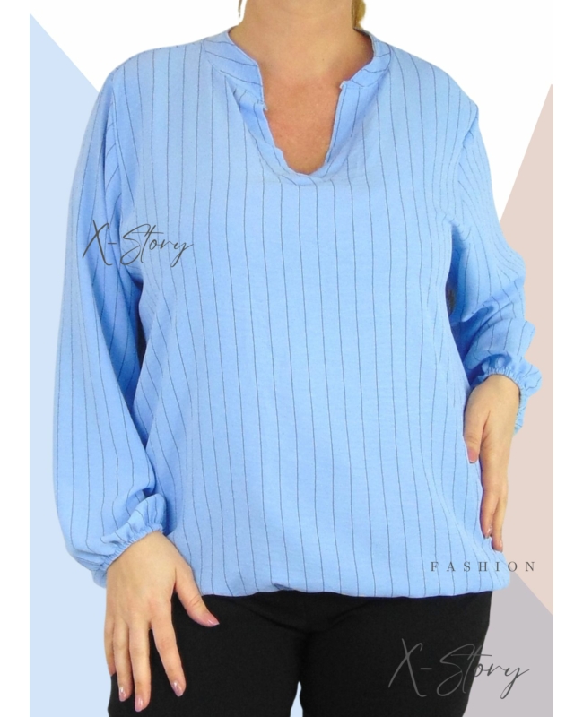 "V" dekoltált , gumis aljú csíkos blúz (világoskék)