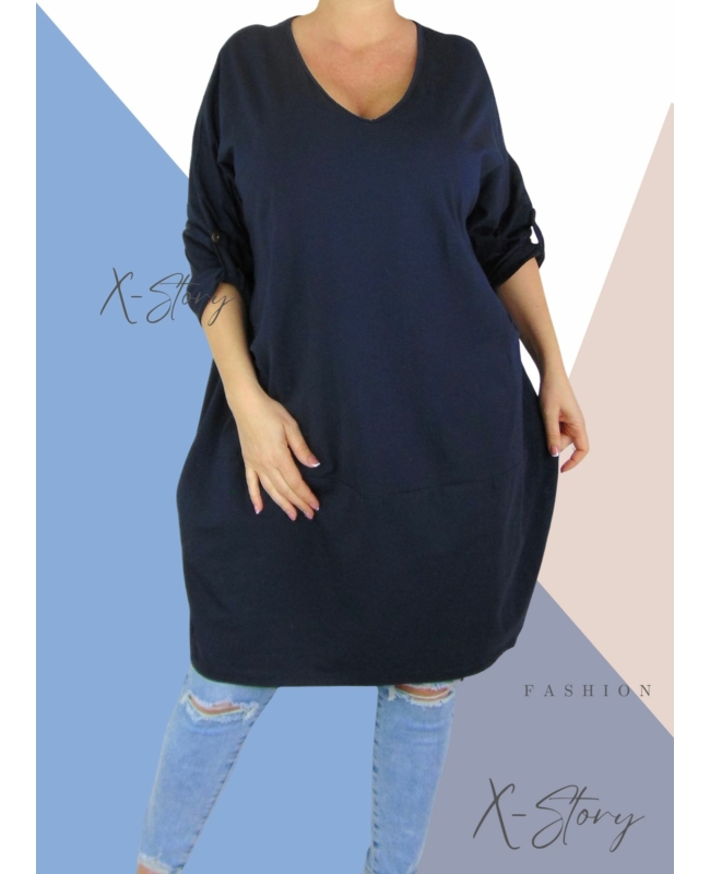 "V" dekoltált, elöl zsebes extra bő fazonú, pamut tunika/ruha (sötétkék)