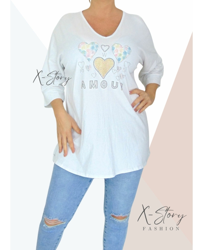 Bő fazonú, kövekkel díszített pamut tunika (fehér)