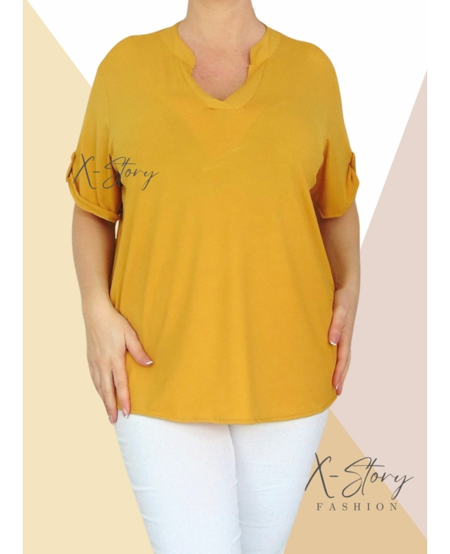 "V" dekoltál, hidegselyem anyagú póló (mustársárga)