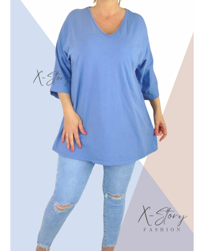 Bő fazonú, "V" dekoltált pamut felső/tunika (farmerkék)