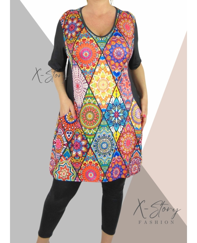"V" dekolált, elöl zsebes , mintás tunika/ruha