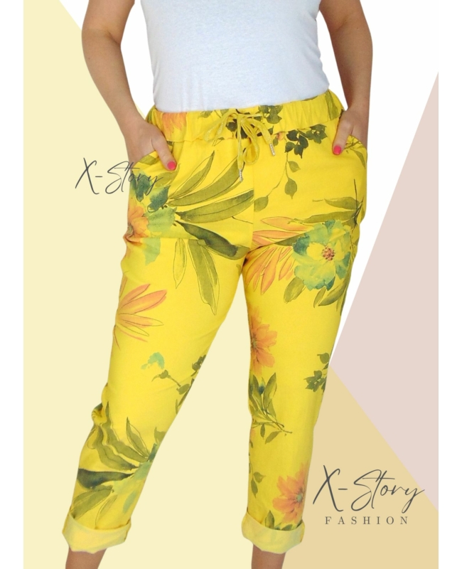 Gumisderekú, virágmintás streccsnadrág (NORMÁL NAGYMÉRET)sárga