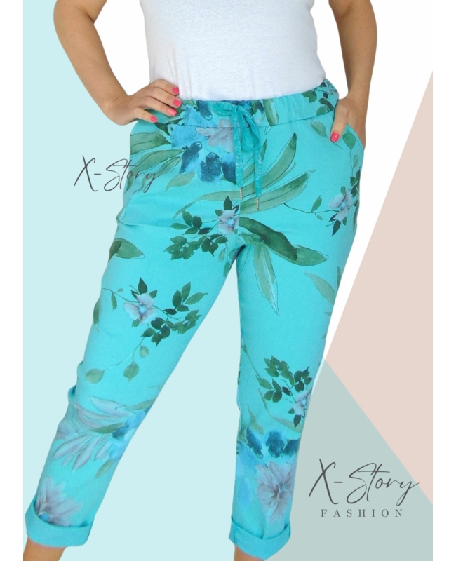 Gumisderekú, virágmintás streccsnadrág (EXTRA NAGYMÉRET)türkiz