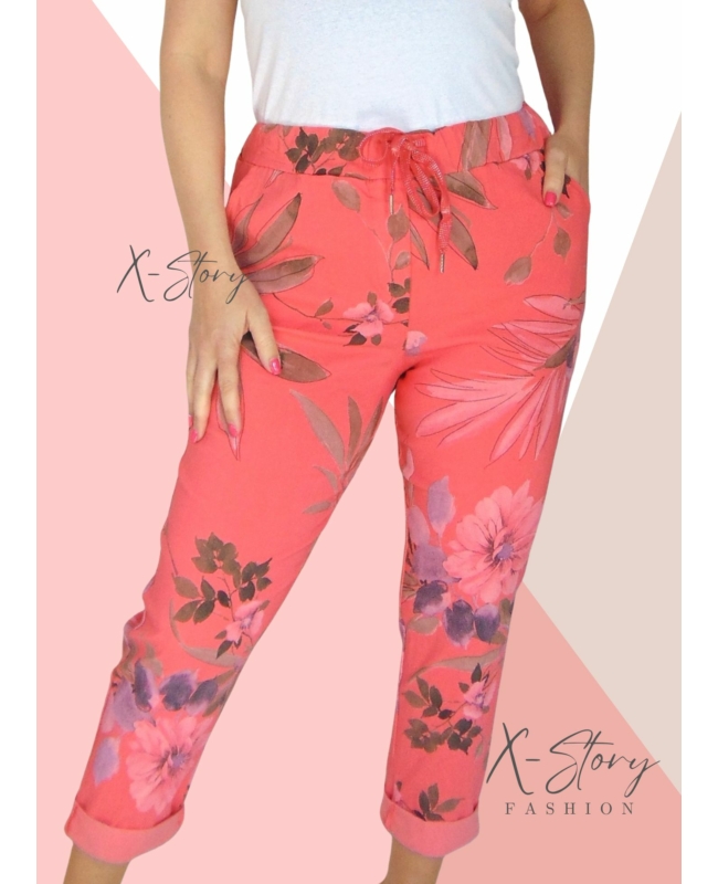 Gumisderekú, virágmintás streccsnadrág (EXTRA NAGYMÉRET)korall