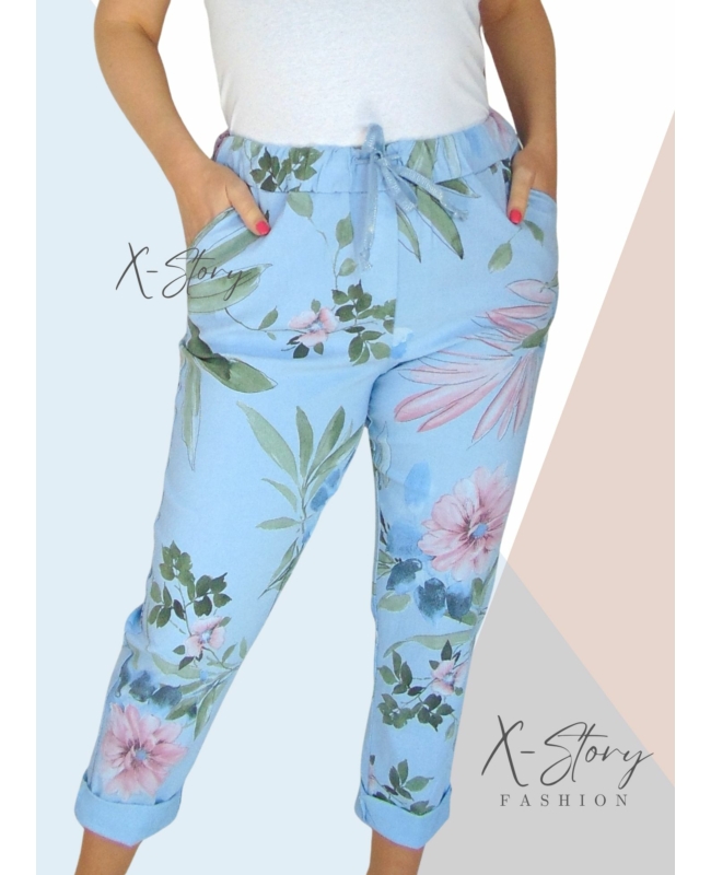 Gumisderekú, virágmintás streccsnadrág (EXTRA NAGYMÉRET)világoskék