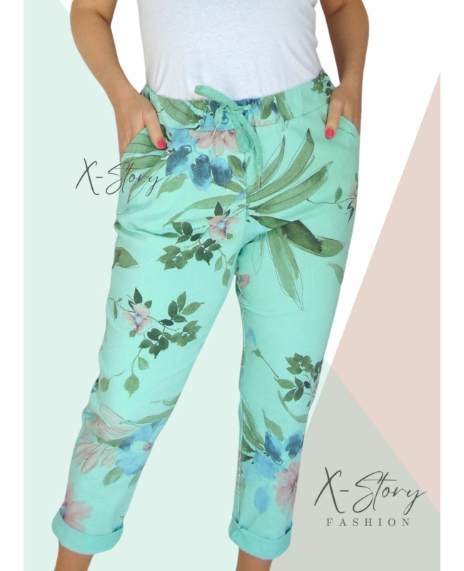 Gumisderekú, virágmintás streccsnadrág (EXTRA NAGYMÉRET)menta