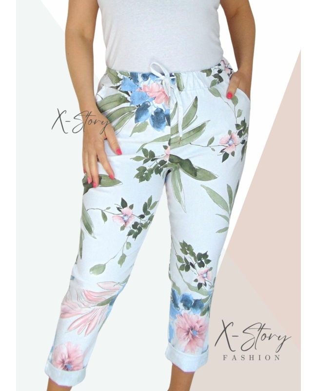 Gumisderekú, virágmintás streccsnadrág (EXTRA NAGYMÉRET)fehér