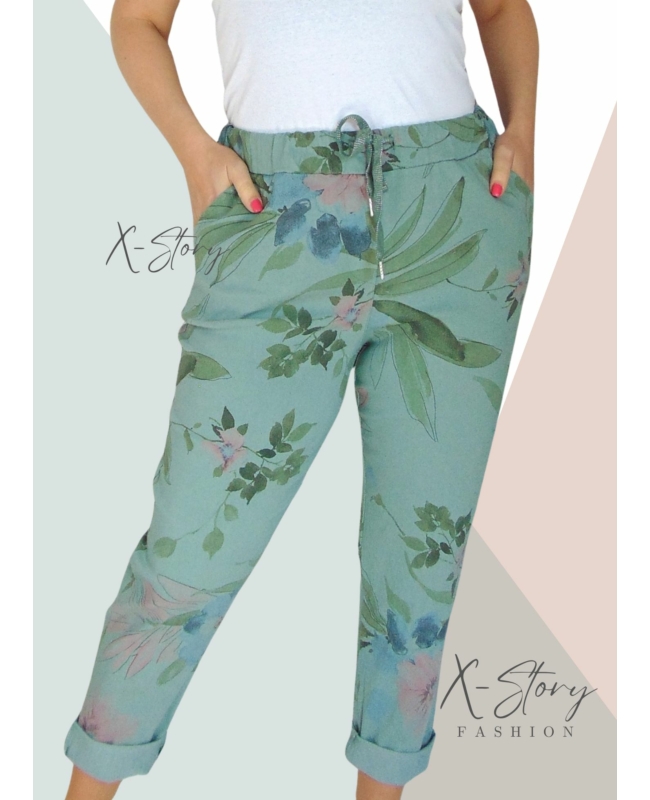 Gumisderekú, virágmintás streccsnadrág (EXTRA NAGYMÉRET)khaki