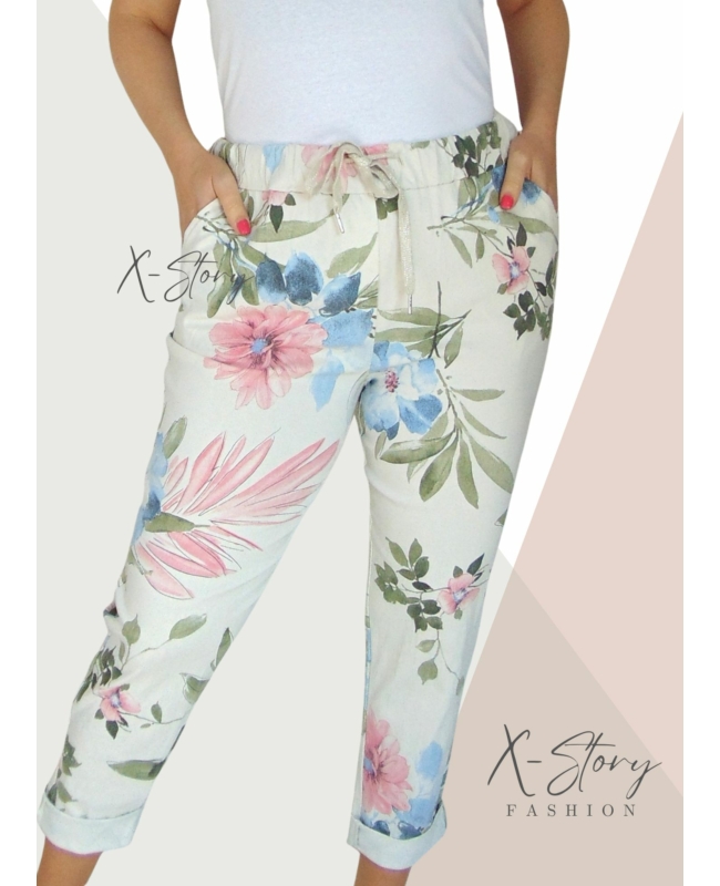 Gumisderekú, virágmintás streccsnadrág (EXTRA NAGYMÉRET)világosbézs