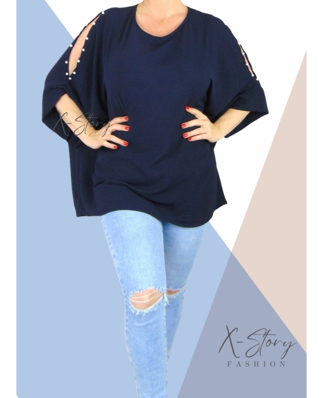 Vállán kivágott, gyöngyökkel díszített felső (sötétkék)