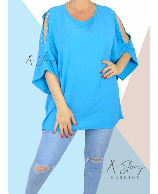 Vállán kivágott, gyöngyökkel díszített felső (világoskék)